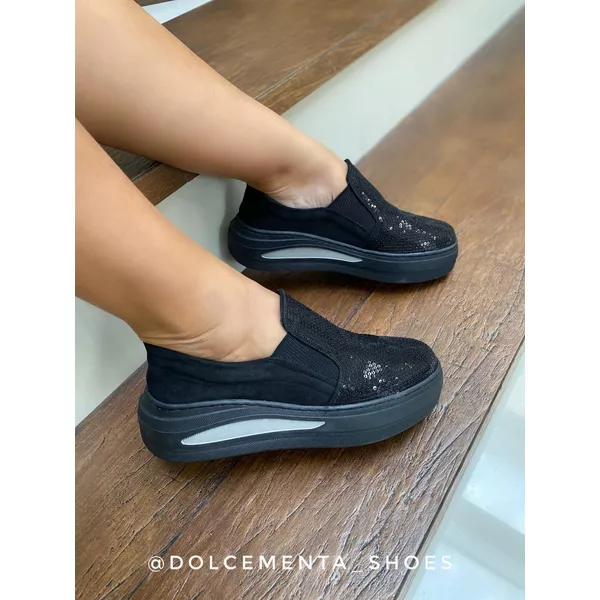Tênis Flatform Paetê Preto Solado Preto Karina - Dolce & Menta