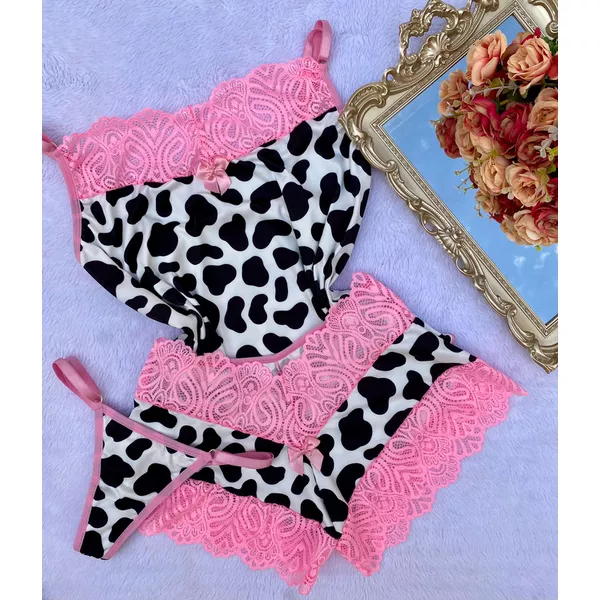 Baby Doll + Calcinha - Vaquinha Rosa