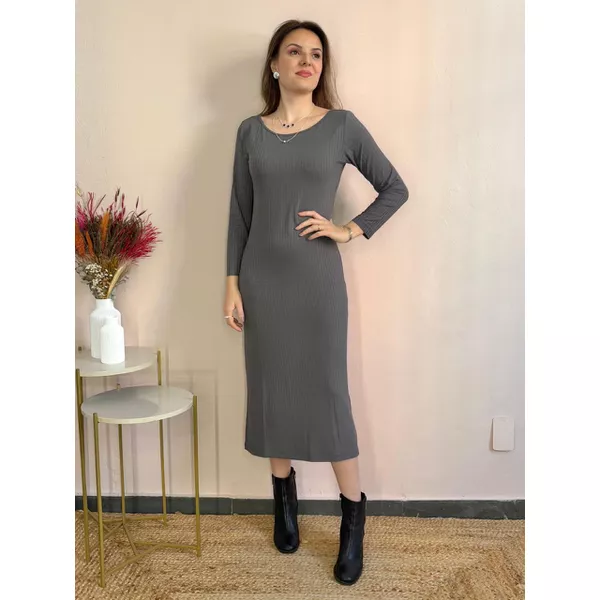 Vestido Adriana Midi Canelado - Cinza | DONNA LELLA