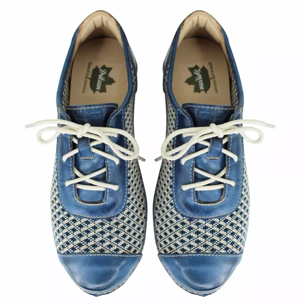 Tênis feminino azul em couro legítimo modelo AL057 com palmilha em