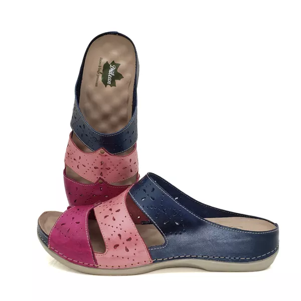 Sandalia Feminina Ortopédica de Couro Legítimo e Palmilha Gel - Azul/Rosê (BE 005)