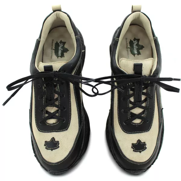Tênis Feminino em Couro Legítimo com Palmilha em Gel - Bicolor Off - Preto - Sola Preta (CAF003)