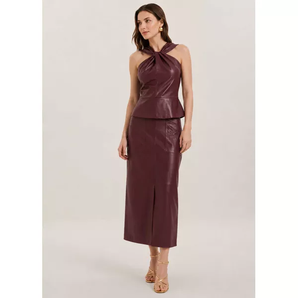 Saia Mídi De Couro Bordo Michele | Elite Couro Store