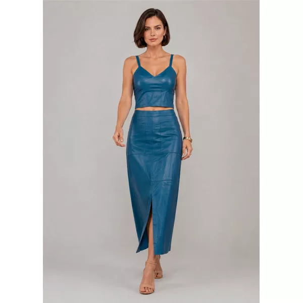 Saia Mídi De Couro Azul Turquesa Michele | Elite Couro Store