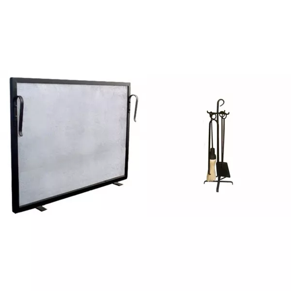 Kit Tela Para Lareira Em Ferro 60x40cm + Conjunto Para Limpeza Argola Preto Pequeno - ELZ 