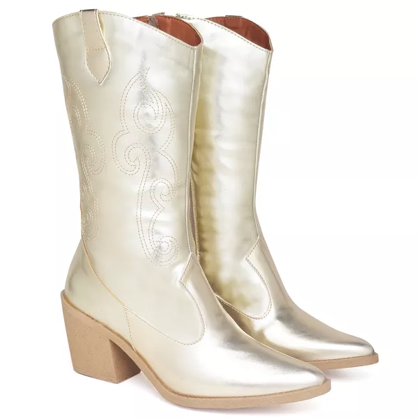 Bota Feminina Texana Western Cowtry Cano Médio Napa Dourada
