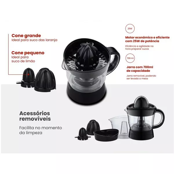 ESPREMEDOR DE FRUTAS AEDF01I-01 PRETO 700ML 25W AGRATTO