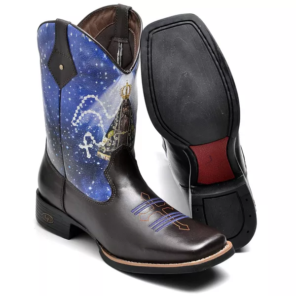Bota Nossa Senhora Masculina Texana Cano Médio Couro 