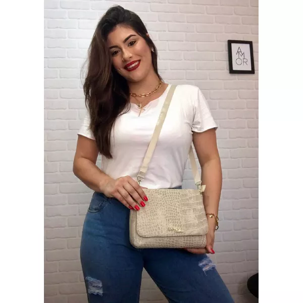 Bolsa Feminina Estilo Baú Transversal Croco Marfim - Gouveia Costa