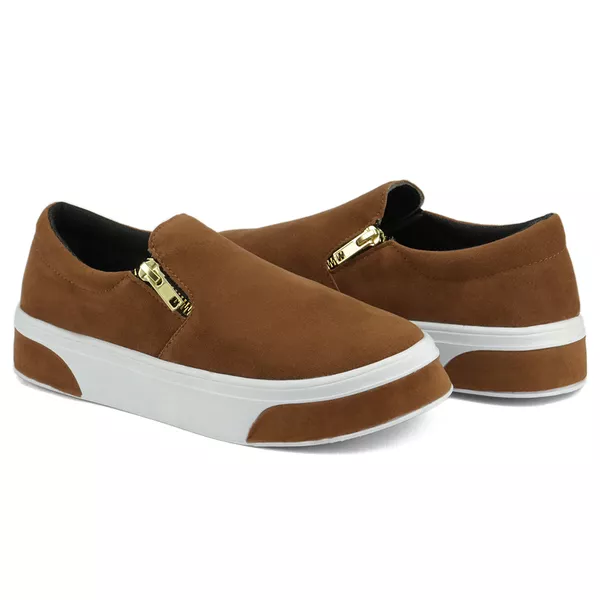 Slip On Feminino em Camurça Caramelo Solado Com Tiras 503-GG | GuGi