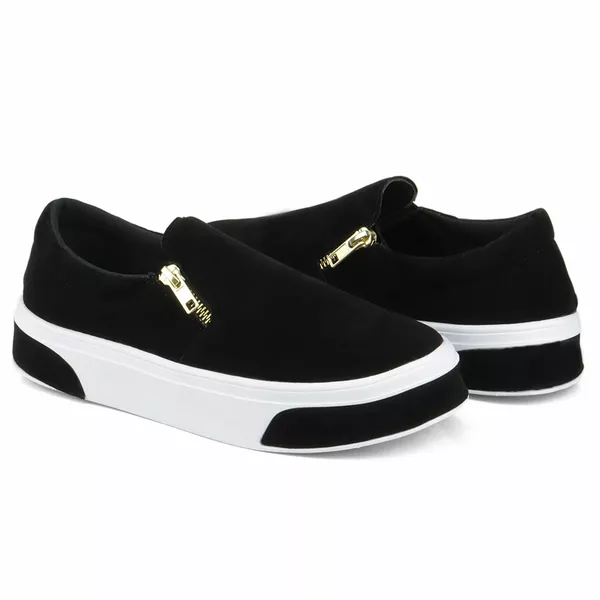 Slip On Feminino em Camurça Preto Solado Com Tiras 503-GG | GuGi
