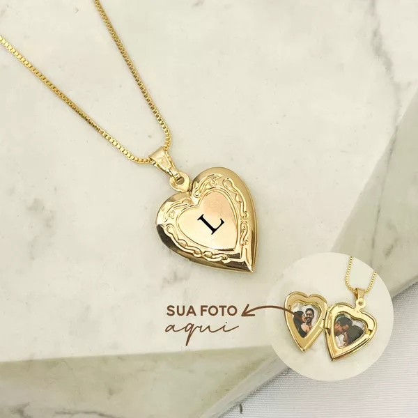 Colar Relicário Coração Personalizado com Foto Banhado a Ouro 18k