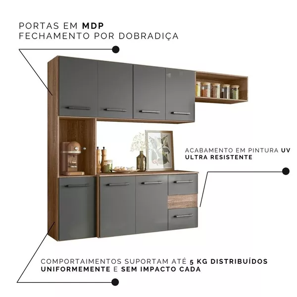 Cozinha Completa Suspensa Juliete 7 Portas Carvalho/Chumbo Nicioli