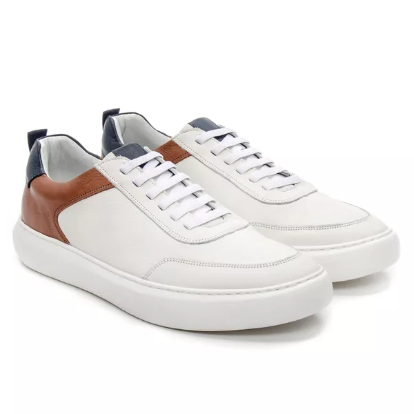 Tênis Casual Couro Off White e Caramelo - JACOMETTI