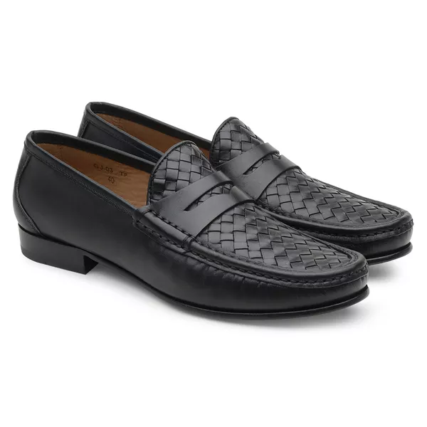 Mocassim Masculino de Couro Tressê Preto Gj03 Sola... - JACOMETTI