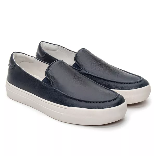 Sapatênis Masculino Slip-on de Couro Azul Marinho