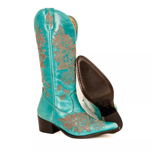 Bota Texana Feminina Couro Legítimo Azul Turquesa Floral | JM Country