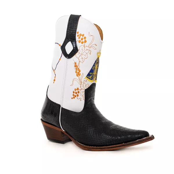 Bota Texana Masculina Bico Fino Couro Legítimo Anaconda Preto e Floater Branco Bordado Nossa Senhora