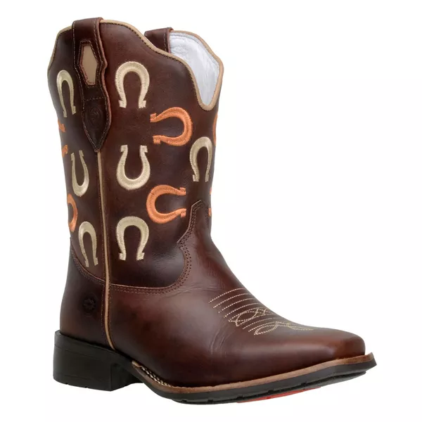 Bota Texana Feminina Bico Quadrado Couro Legítimo Fóssil Café Bordados Ferradura 