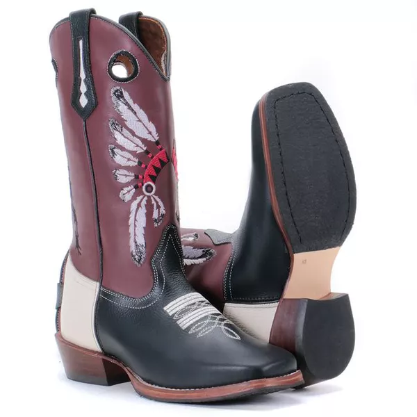 Bota Texana Carrapeta Couro Floater Preto/ Marfim e Mustang Café