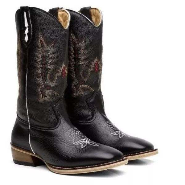 Bota Texana Masculina Bico Quadrado Cano Padrão Couro Legítimo Floater Preto Salto Carrapeta