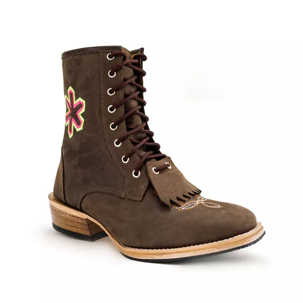 Bota Coturno Carrapeta Unissex Bico Quadrado Couro Legítimo Crazy Horse Café Rozeta