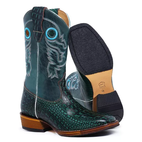 Bota Texana Masculina Bico Quadrado Couro Bovino Jacaré Envelhecido Café e Mustang Verde Salto Carrapeta
