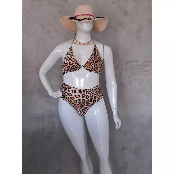 Biquini Premium Plus Size Aro Único e Calcinha Fio DuploLateral Franzida Onça