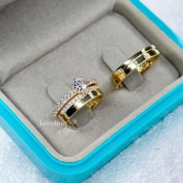 ALIANÇAS BELGICA COM 4 MM COM 15 PEDRAS DE ZIRCONIA COM SOLITARIO ELISA 