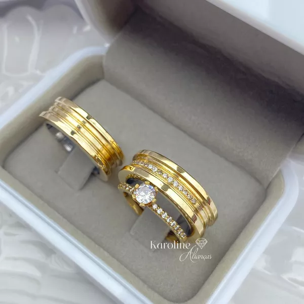  Alianças Roona com 6mm em moeda antiga com pedras de zirconia com solitario princesa