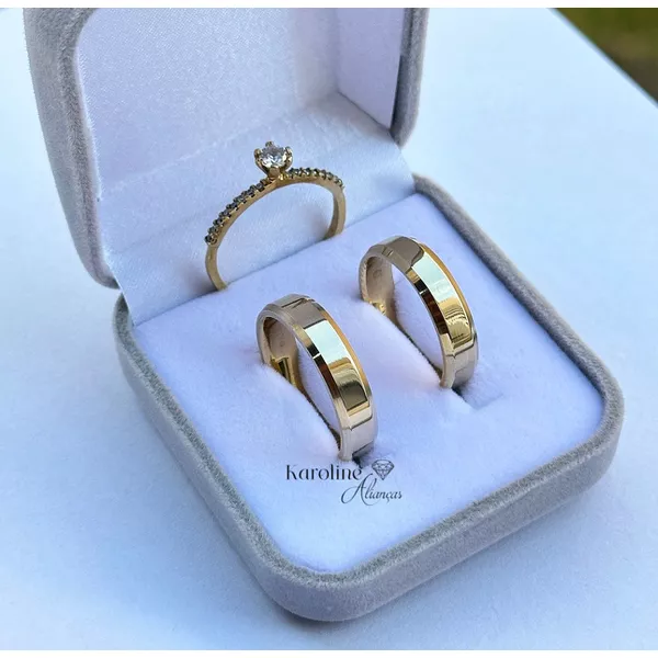 ALIANÇAS VIRGINIA 5 MM CHANFRADA EM MOEDA ANTIGA COM SOLITARIO PRINCESA MOEDA 
