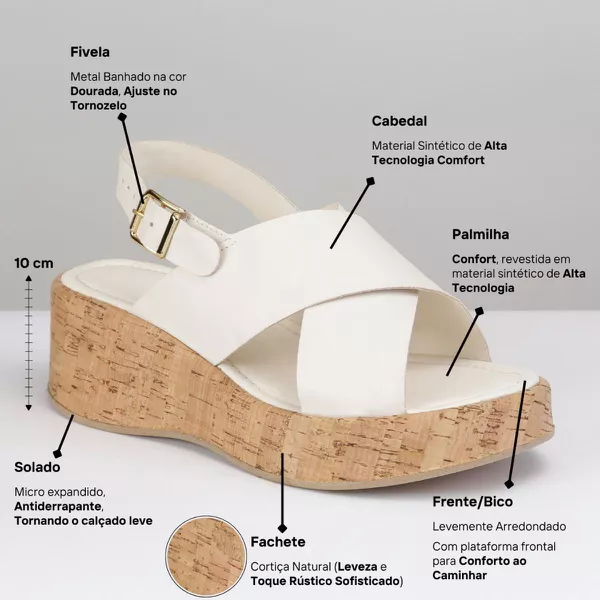 Sandália Anabela Gisele Plataforma Média Transpassada Off White