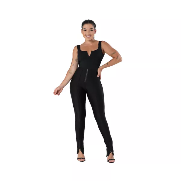 CALCA POWER SKINNY ZIPER COS E BARRA - PRETO