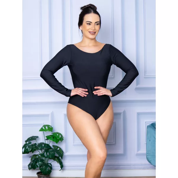 Body Feminino Manga Longa Aberta Preta