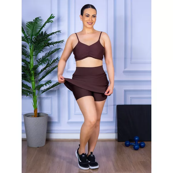 Conjunto Shorts Saia e Top Alça Costa Aberta Suplex Marrom