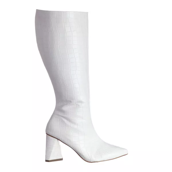 Bota Feminina Cano Longo Salto Triangulo Croco Off White 23020