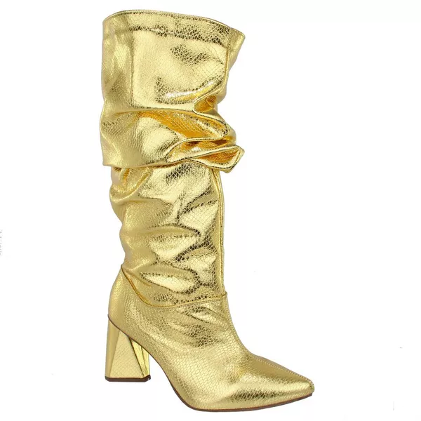 Bota Slouchy Salto Médio Triangular Cristal Ouro 23021