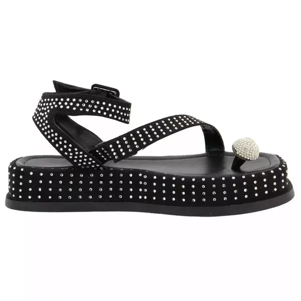 Papete Feminina Flat Plataforma em Napa Preto com Strass 183220
