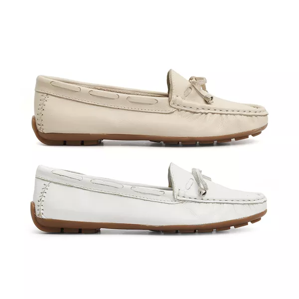 Kit 2 Mocassins Casual Feminino Em Couro Branco+Creme
