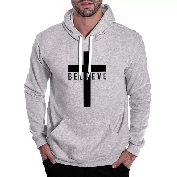 Moletom Believe Masculino Canguru Cinza Claro