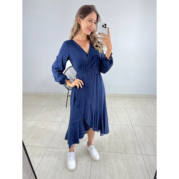 VESTIDO MIDI ENVELOPE MANGA LONGA POA AZUL MARINHO | MOOD STORE