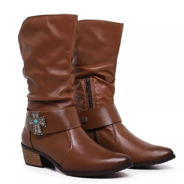 Bota Samara couro legítimo com fivela removível de cruz Mocha mousse