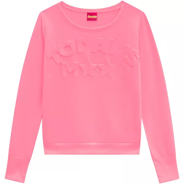 Blusa Manga Longa Amora Infantil Feminina Rosa Neon Tamanho 10 ao 18