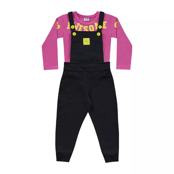 Jardineira com Blusa Manga Longa Fakini 1-2-3 Fucsia com Preto