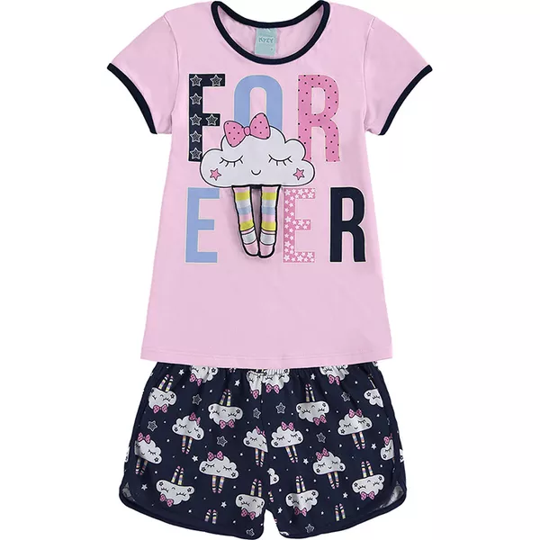 Pijama Kyly Infantil Feminino 10 ao 18 Rosa com Marinho - Nuvens