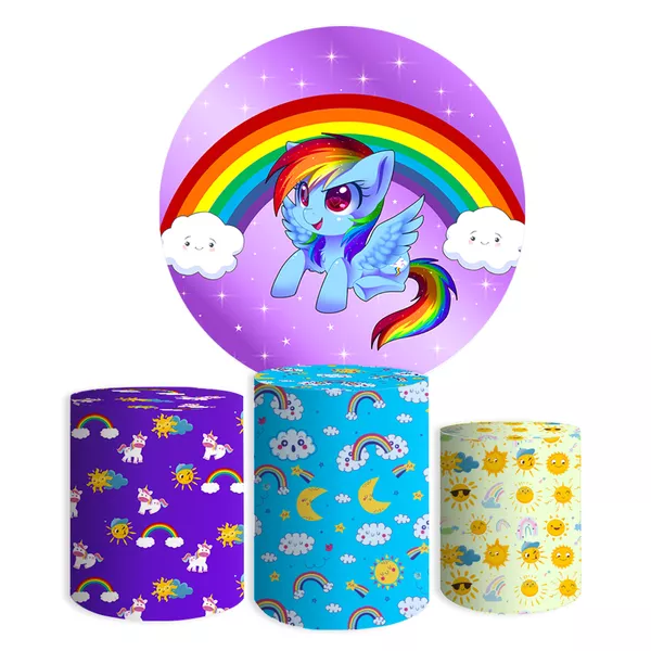 Kit Painel De Festa Arco Iris Redondo + Trio De Cilindros Em Tecido