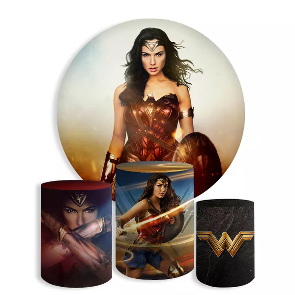 Kit Painel De Festa Mulher Maravilha 3 Redondo + Trio De Cilindros Em Tecido