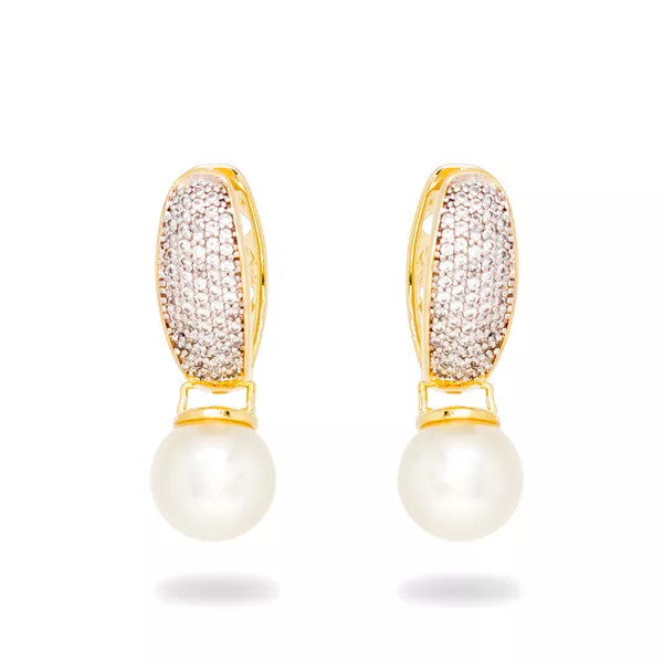 Brinco Argola Semijoia Banho De Ouro 18k Com Cravação De Zircônias e Pérola Shell Branca Com Detalhe Em Ródio
