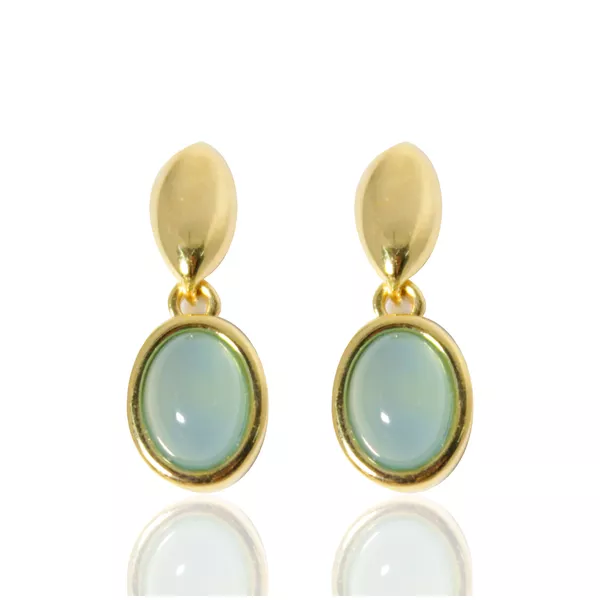 Brinco Pedra Oval Semijoia Banho De Ouro 18k Ágata Azul Base Oval