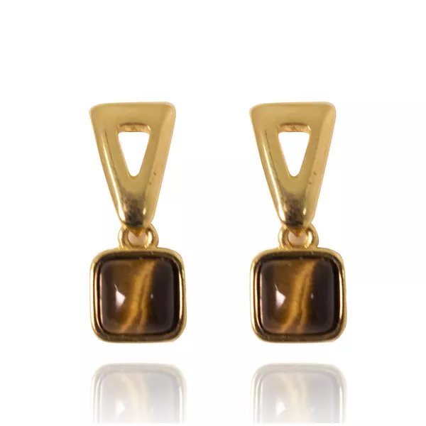 Brinco Pedra Quadrada Semijoia Banho De Ouro 18k Olho De Tigre e Base Triangular Vazada
